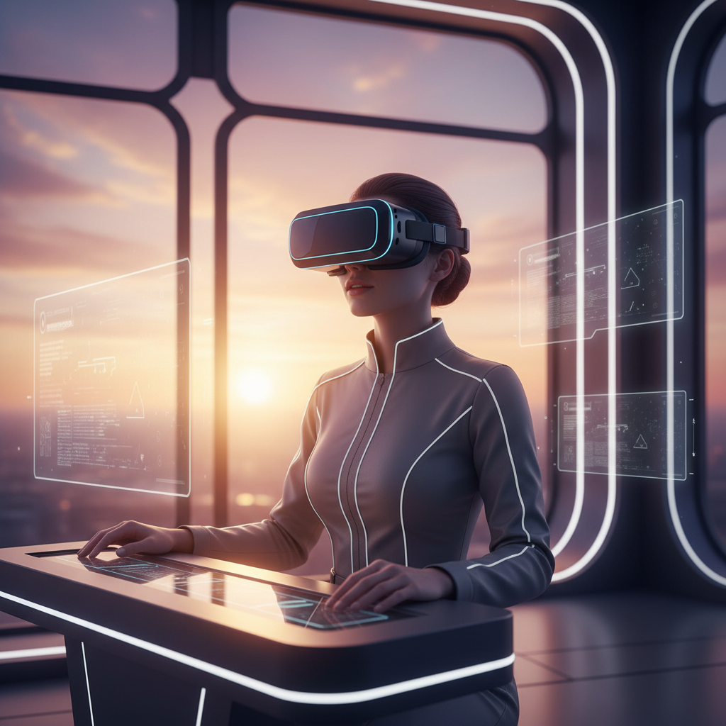 Batan güneşin eşsiz ışığı altında, şık, fütüristik bir VR gözlüğü takmış bir ziyaretçinin, interaktif bir stantta tamamen sanal bir deneyime dalmış halde olduğu dramatik, sinematik bir yakın çekim. Stantın kendisi, pürüzsüz, kavisli hatlara ve yumuşak bir parlaklık yayan entegre ambiyans aydınlatmasına sahip çarpıcı bir mimari harika. Ziyaretçinin etrafında, fiziksel stant yapısı üzerinde soluk, parlayan dijital kaplamalar olarak görünen hafif artırılmış gerçeklik öğeleri, gerçek ve sanal dünyaların birleşimini çağrıştırıyor. Büyük, stilize bir pencereden veya boşluktan batan güneşin canlı turuncu ve mor tonları sahneyi kaplıyor, nefes kesici sinematik bir manzara oluşturuyor. Işık, ziyaretçinin yüzünü nazik, meraklı bir ifadeyle aydınlatıyor, merak ve katılım duygusunu vurguluyor. Görsel, inovasyonu, son teknolojiyi ve güçlü, sürükleyici bir marka deneyimini uyandırmalıdır. Stant malzemeleri arasında cilalı metaller ve yarı saydam paneller bulunuyor.