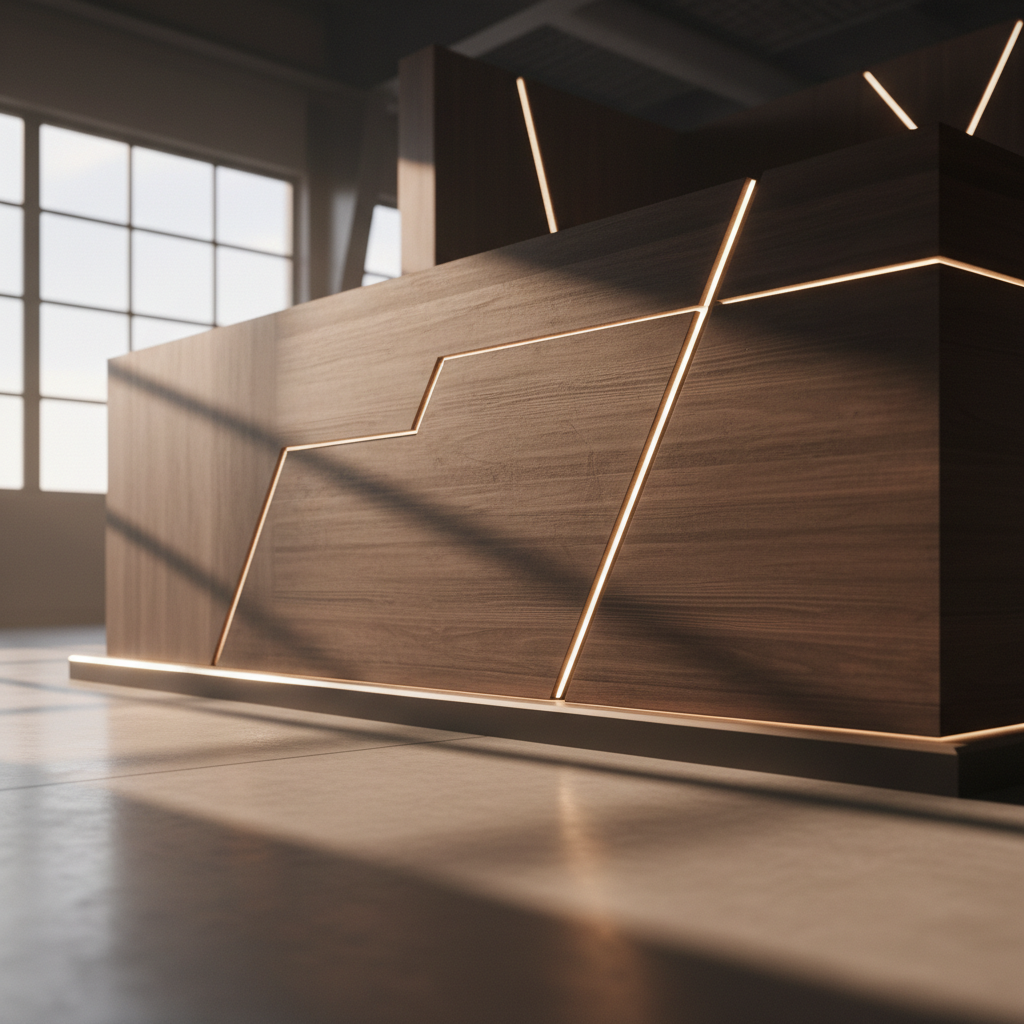 Fuar salonunda, akşamüstü gün batımının sıcak, uzun gölgeler yaratan ışıkları altında, minimalist ve sofistike bir fuar standının yakın çekim, sinematik bir görüntüsü. Standın yüzeyi, doğal dokuya sahip koyu ahşap paneller ve entegre, yumuşak, sıcak beyaz LED aydınlatmalar ile dikkat çekiyor. Hiçbir metin, logo veya rakam içermeyen tasarım, geometrik formlar ve dengeli oranlarla markanın zarafetini ve güvenilirliğini vurguluyor. Kamera açısı, standın malzemelerinin kalitesini ve işçiliğini öne çıkarıyor. Arka plan hafifçe flulaşmış, genel atmosfer sakin ve prestijli bir izlenim bırakıyor.