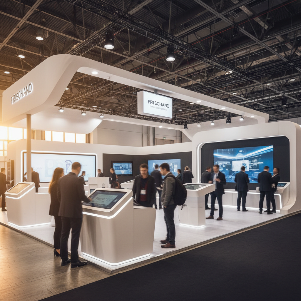 Geniş ve modern bir kongre salonunda, zarif aydınlatmalarla donatılmış, fütüristik ve mimari açıdan çarpıcı bir kongre standı. Stand, çevresindeki yoğun kalabalığın arasından dikkat çekici bir şekilde yükseliyor. Standın tasarımında akıcı hatlar ve dinamik formlar kullanılmış, herhangi bir yazı veya logo içermiyor. Sahneye çıkan bir ışık gibi parlıyor ve uzaktan siluet halinde görünen ziyaretçileri kendine çekiyor. Sinematik bir gün batımı ışığı, sıcak turuncu ve derin mor tonlarıyla mekanı doldurarak uzun, yumuşak gölgeler oluşturuyor. Zemin parlak ve standın ışıklarını yansıtıyor. Resmi ve prestijli bir atmosfer hakim.