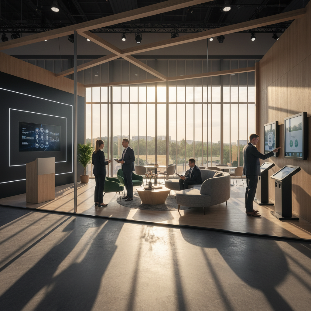 Kongre standının içinden detaylı bir bakış, gün batımının yumuşak, sıcak ışıklarının içeri vurduğu sinematik bir anı yakalıyor. Stand, düşünceli bir şekilde tasarlanmış işlevsel alanlara sahip: zarif bir sunum köşesi, konforlu ve stil sahibi oturma grupları ve interaktif kiosklar. Yüksek kaliteli, sürdürülebilir ahşap ve temperli cam gibi malzemeler, standın profesyonel ve davetkar hissini pekiştiriyor. Profesyonel ziyaretçiler, ürün sergilemelerine veya interaktif içeriklere doğru zarifçe işaret ederek anlamlı sohbetler içinde görülüyor. Gün batımının uzun, dinamik gölgeleri, iç mekanın derinliğini ve zarafetini artırıyor, ziyaretçi deneyimini merkezine alan bir tasarımı vurguluyor.