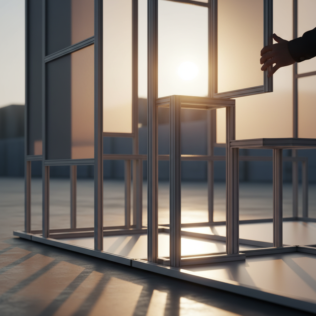 Gün batımının yumuşak, sıcak ışıklarıyla aydınlanan modern bir alanda, modüler bir fuar standının zarif alüminyum profil iskeleti ve gergi kumaş panellerinin kurulum süreci. Bir elin (silüet olarak, herhangi bir kişiyi tanımlamadan) hassas bir şekilde modüler bir parçayı yerine yerleştirdiği an yakalanmış. Standın tamamlanmamış ama estetik yapısı vurgulanırken, arkada hafifçe buğulu, henüz boş ama potansiyel dolu bir fuar alanı ipucu veriliyor. Odak noktası standın mühendislik harikası ve kullanım kolaylığı. Sinematik orta çekim, altın oran kompozisyon, temiz ve pürüzsüz yüzeyler, detaylara odaklı, resmi bir görünüm.