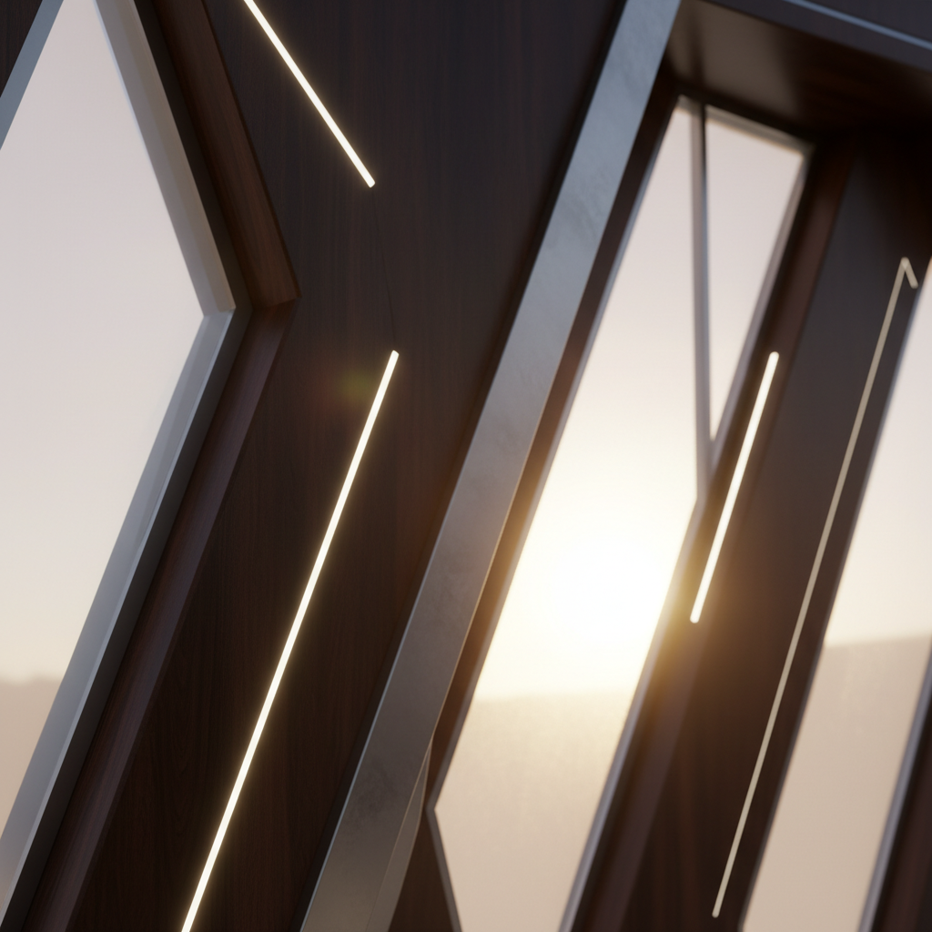 Batan güneşin yumuşak, dramatik ışıkları altında, özel tasarım bir fuar standının malzeme ve işçilik kalitesini vurgulayan detaylı bir yakın çekim. Karede, özenle işlenmiş koyu renk ahşap panellerin dokusu, fırçalanmış metal aksanların parlaklığı ve yarı saydam panellerin arkasından sızan zarif LED aydınlatmalar net bir şekilde görülüyor. Geometrik çizgilerin ve farklı malzemelerin birleşimi, standın karmaşık tasarımını ve yüksek üretim standartlarını gözler önüne seriyor. Işık, yüzeylerde uzun, yumuşak gölgeler oluşturarak derinlik ve zenginlik katıyor. Sanatsal, resmi ve detay odaklı bir kompozisyon.