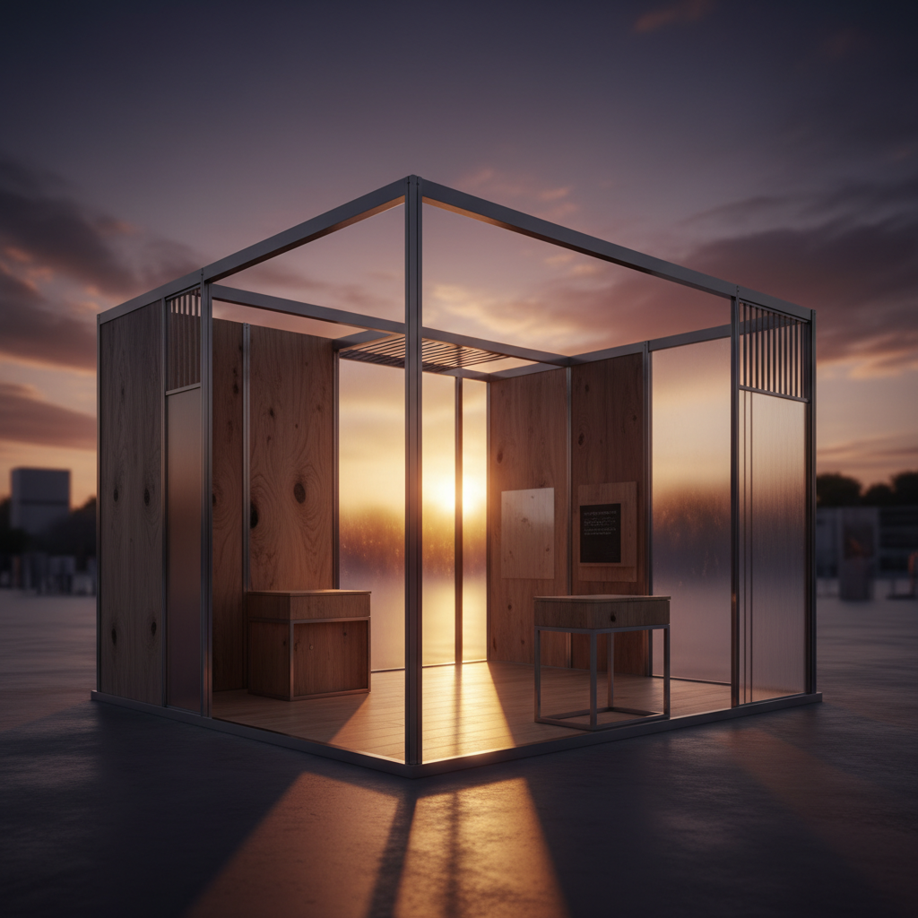 Fuar alanının sakin bir köşesinde, gün batımının derin gölgeleri ve sıcak tonları altında, detayları öne çıkan, mimari açıdan düşünülmüş bir fuar standı. Stand, doğal ahşap dokularının, parlak metalin ve mat cam yüzeylerin uyumlu birleşimiyle üretilmiş. Tasarım, minimalist ve temiz çizgilere sahip, malzemenin kendi estetiğini ön plana çıkarıyor. Stand boş, bu da onun işçiliğini ve malzeme kalitesini vurguluyor. Güneşin son ışıkları, ahşabın damarlarını ve metalin parıltısını vurgulayarak dramatik bir etki yaratıyor. Bu, titiz bir planlama ve yüksek kalite işçilik hissi veren, sinematik bir orta çekim.