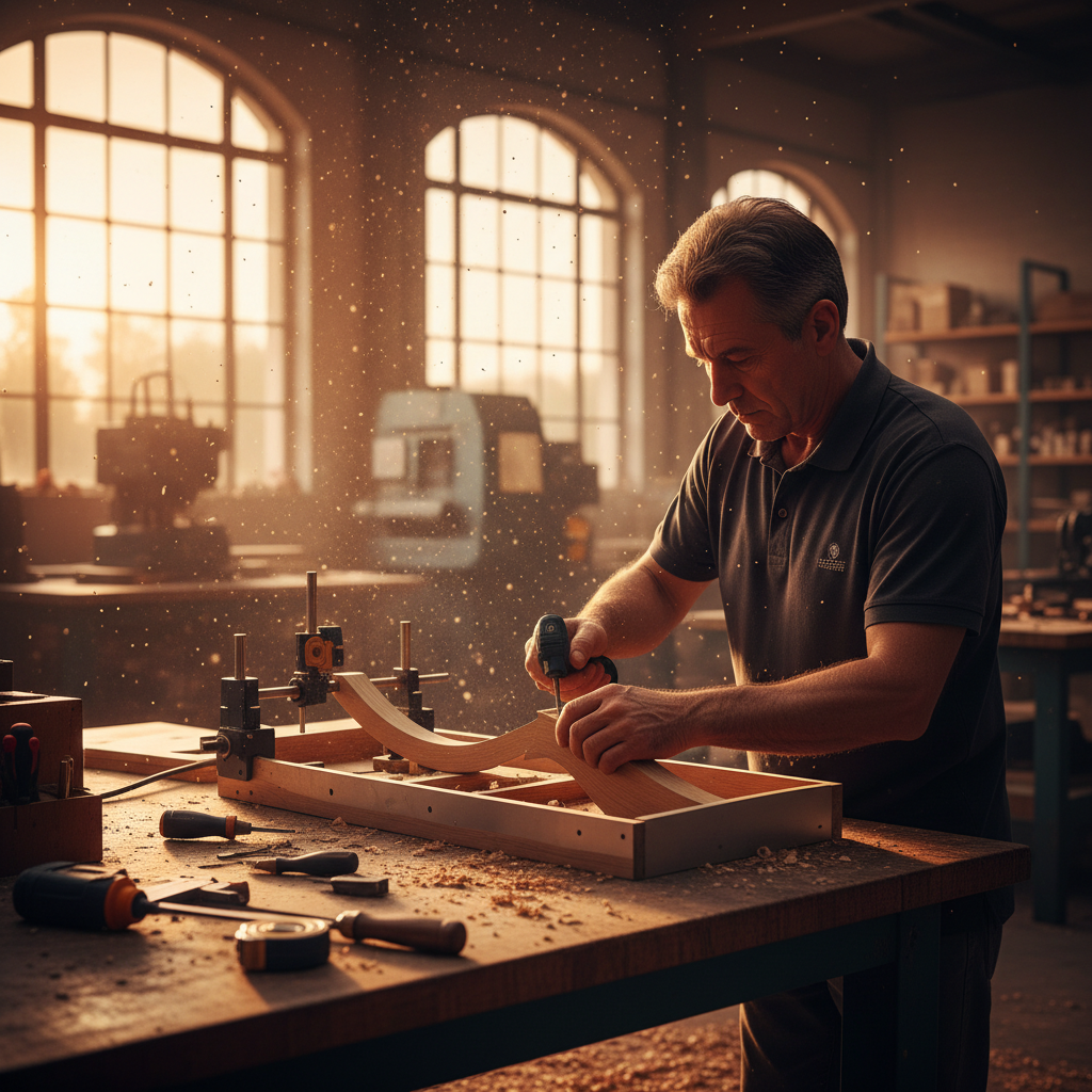 Gelişmiş bir atölyede, gün batımının altın rengi ışıklarının pencerelerden süzüldüğü, toz zerreciklerini havada parıldattığı sinematik bir an. Deneyimli bir usta, özenle seçilmiş ahşap ve metal malzemelerle, geleceğin fuar standının karmaşık bir parçasını büyük bir dikkat ve titizlikle monte ediyor. Aletler düzenli bir şekilde etrafta duruyor, zanaatkarın elleri odak noktası. Fotoğraf, kaliteye ve detaylara verilen önemi vurgulayan, sıcak ve atmosferik bir ambiyansa sahip, herhangi bir yazı veya logo içermiyor.