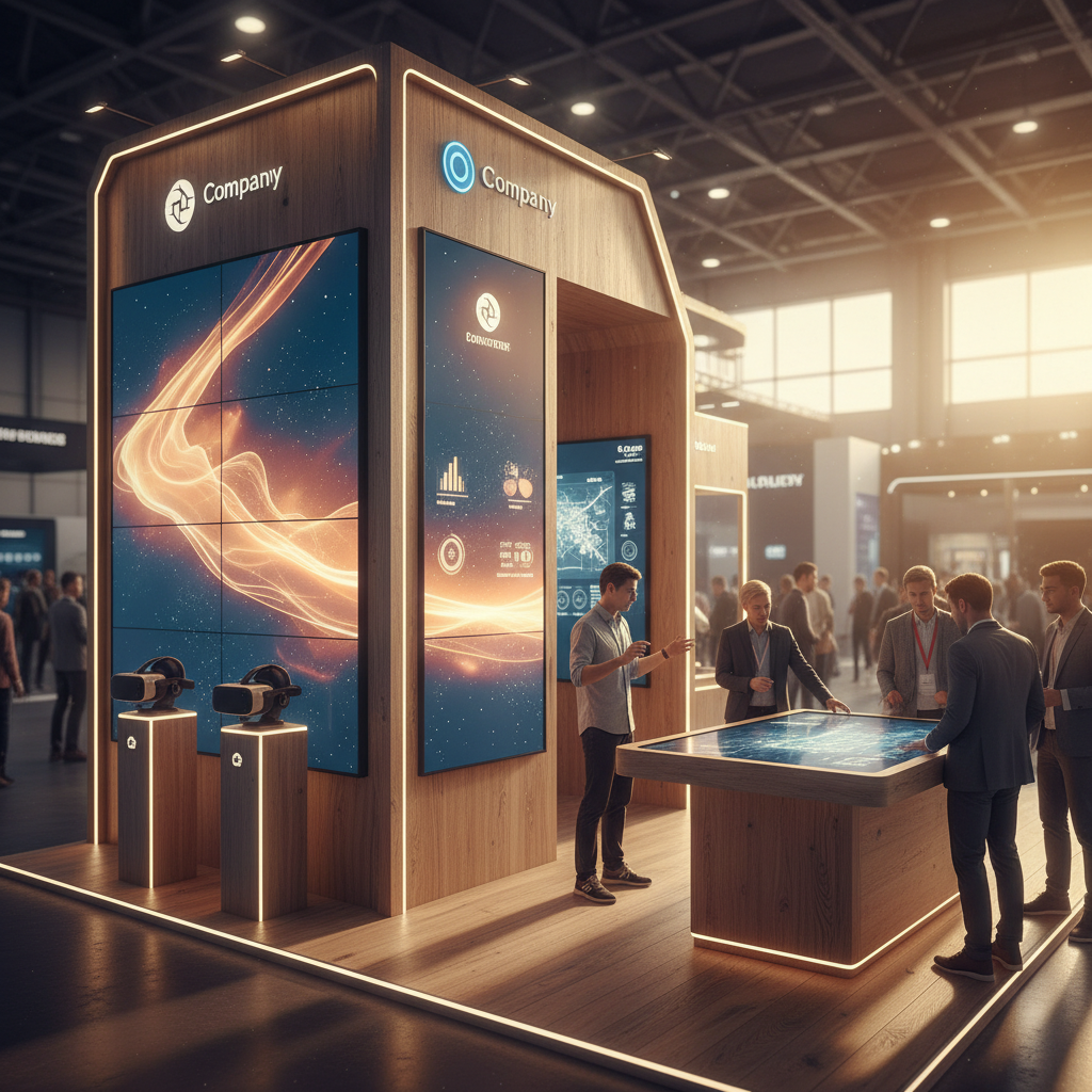 Gün batımının altın rengi tonlarında ışık alan, etkileşimli dijital ekranlar ve entegre LED aydınlatmalarla donatılmış, sürdürülebilir malzemelerden (geri dönüştürülmüş ahşap paneller ve işlenmiş metaller) yapılmış yenilikçi bir fuar standının detaylı görünümü. Standın bir köşesinde, ziyaretçileri çeken bir VR deneyim alanı veya interaktif dokunmatik yüzey belirgin. Işık ve gölge oyunları, standın teknolojik ve davetkar yönünü sinematik bir derinlikle vurguluyor. Genel atmosfer sıcak ve davetkar.