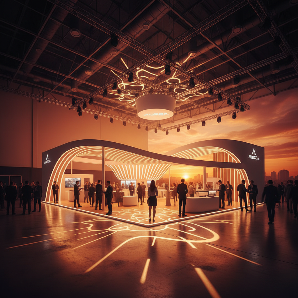 Geniş açılı, sinematik bir perspektifle çekilmiş, gün batımının kızıla boyadığı bir kongre salonunda öne çıkan, estetik ve işlevsel bir stand tasarımı. Stand, akıcı hatlara sahip, ziyaretçi akışını stratejik olarak yönlendiren bir mimariye sahip. Yüksek tavanlı salonda, standın aydınlatması ortamın genel sıcaklığını artırıyor ve markanın logosunu soyut bir ışık motifi olarak vurguluyor. Göz hizasından çekilen bu fotoğrafta, standın çevresindeki zarif stand görevlilerinin siluetleri ve genel kalabalığın hareketi, derinlik ve yaşam katıyor. Gün batımının yarattığı dramatik gölgeler ve renk geçişleri, standın stratejik önemini ve çekiciliğini vurguluyor.