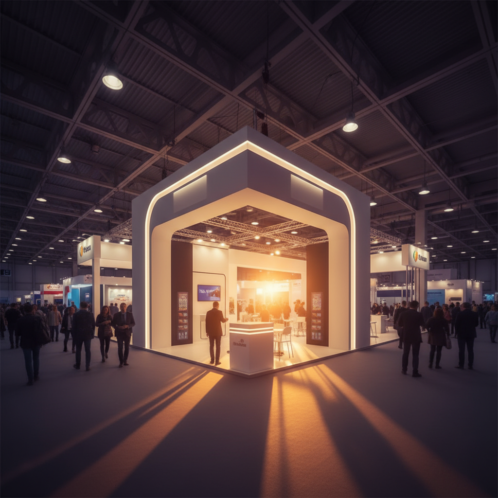 Stratejik bir konumda, geniş bir fuar koridorunun kesişim noktasında yer alan, köşe bir fuar standının sinematik gün batımı görünümü. Stand, dikkat çekici tasarımı ve profesyonel aydınlatmasıyla ön plana çıkıyor, batmakta olan güneşin sıcak ışıkları standın yüzeyinde parlıyor. Çevre, ziyaretçi akışının yoğun olabileceği izlenimini veren hafif bir hareketlilikle dolu. Standın büyüklüğü ve konumu, fuar katılımında stratejik kararların önemini vurguluyor. Görselde yazı, rakam, ücret veya marka logosu bulunmuyor, sadece konumun ve tasarımın stratejik değeri yansıtılıyor.
