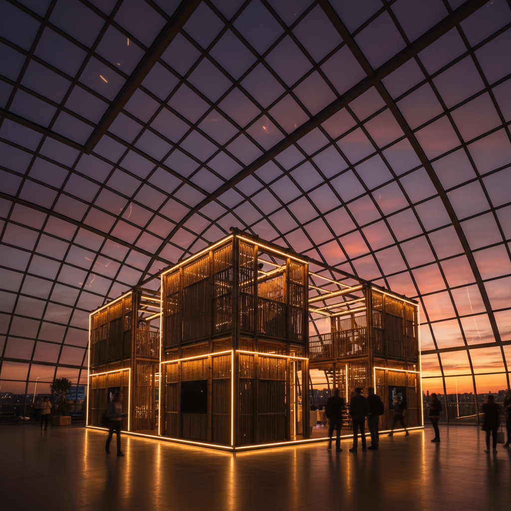 Modern bir kongre merkezinin cam kubbesi veya geniş pencerelerinden görünen dramatik gün batımı siluetine karşı, sürdürülebilir malzemelerle inşa edilmiş görkemli bir kongre standı. Standın mimarisi, bambu veya geri dönüştürülmüş ahşap gibi doğal, toprak tonlarındaki malzemeleri vurguluyor. Enerji verimli LED aydınlatmalar, standın yapısal elementlerini yumuşakça aydınlatarak sıcak ve davetkar bir ışıltı yaratıyor. Tasarım, modülerliği ve sade çizgileri ön plana çıkarıyor. Birkaç belirsiz ziyaretçi veya görevli figürü, standın düşünceli tasarımını incelerken görülüyor. Ortam, sorumluluk, yenilikçilik ve geleceğe yönelik bir vizyonu yansıtıyor, belirgin marka öğeleri veya yazılar bulunmuyor.