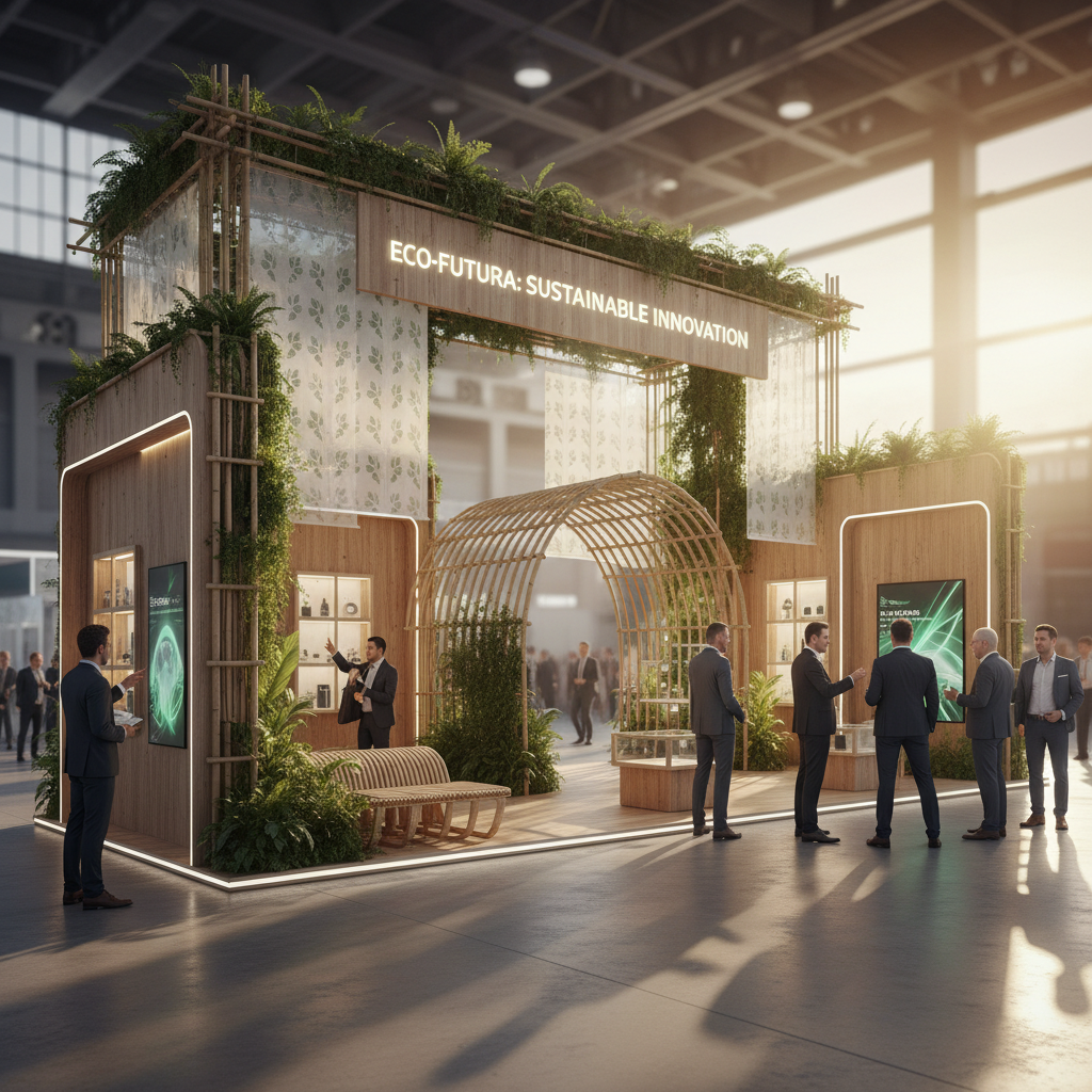 Modern, zarif ve modüler bir fuar standı, doğal ve geri dönüştürülmüş ahşap ile bambu öğelerinden yapılmış, yemyeşil bitkiler ve zarif LED aydınlatmalarla entegre edilmiş. Stand, sinematik bir gün batımının sıcak, altın rengi parıltısıyla yıkanmış, uzun, yumuşak gölgeler oluşturuyor. Profesyonel ziyaretçiler, sofistike bir etkileşim hissi vererek standla incelikle etkileşim halindeler. Genel atmosfer sakin, çevre bilincine sahip ve geleceğe dönük, sürdürülebilir bir tasarımı vurguluyor.