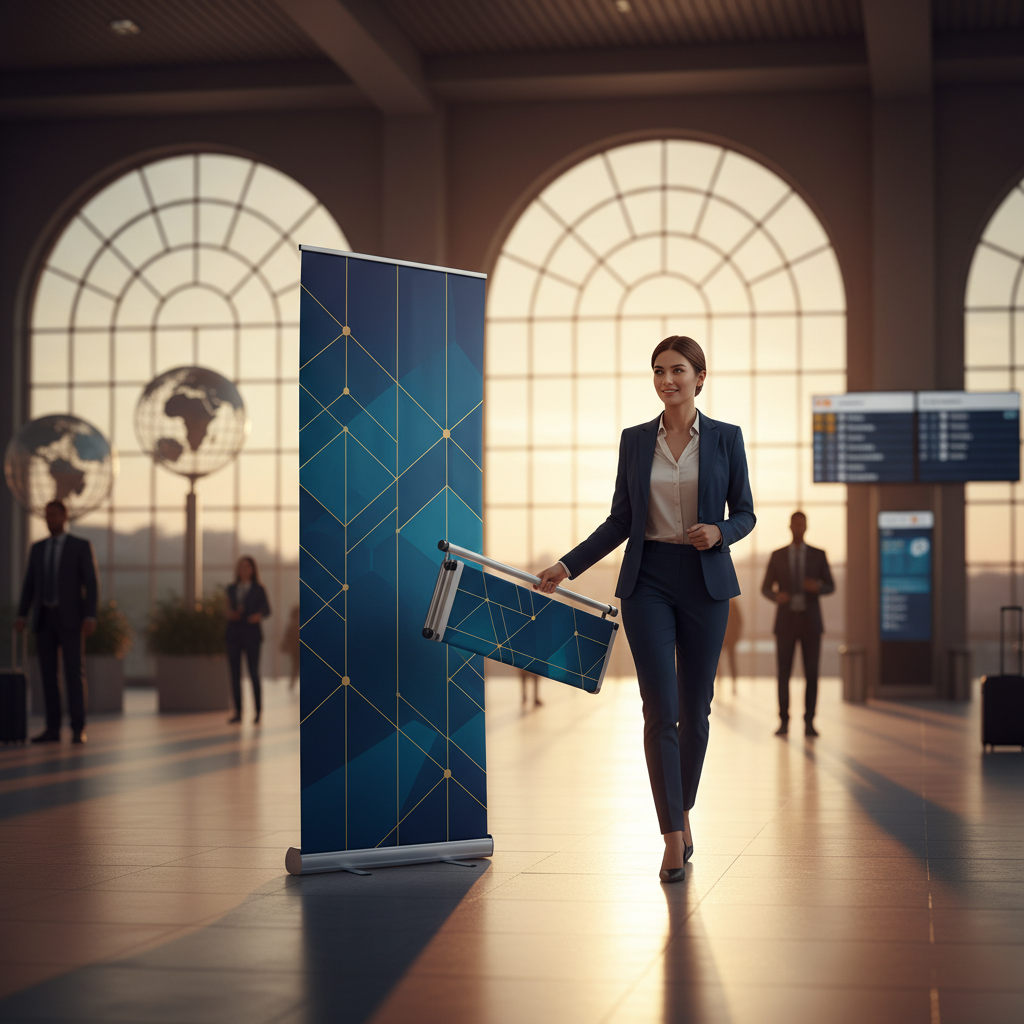 Geniş bir havaalanı terminali veya lüks bir etkinlik girişinde, gün batımının sıcak, sinematik tonları altında, şık bir bireyin zarifçe taşıdığı kompakt ve modern bir roll-up sergi standı. Stand, metin veya logo içermeyen, soyut geometrik desenlere ve kurumsal renklere sahip. Modern iş profesyonelini temsil eden iyi giyimli birey, hafif standı kolaylıkla taşıyor, küresel erişim ve zahmetsiz taşınabilirlik sembolize ediliyor. Arka planda, bulanık mimari öğeler, seyahat ve farklı etkinlik fırsatlarını düşündürüyor. Ortam, kolaylık, hazırlık ve küresel bir duruş atmosferi taşıyor.
