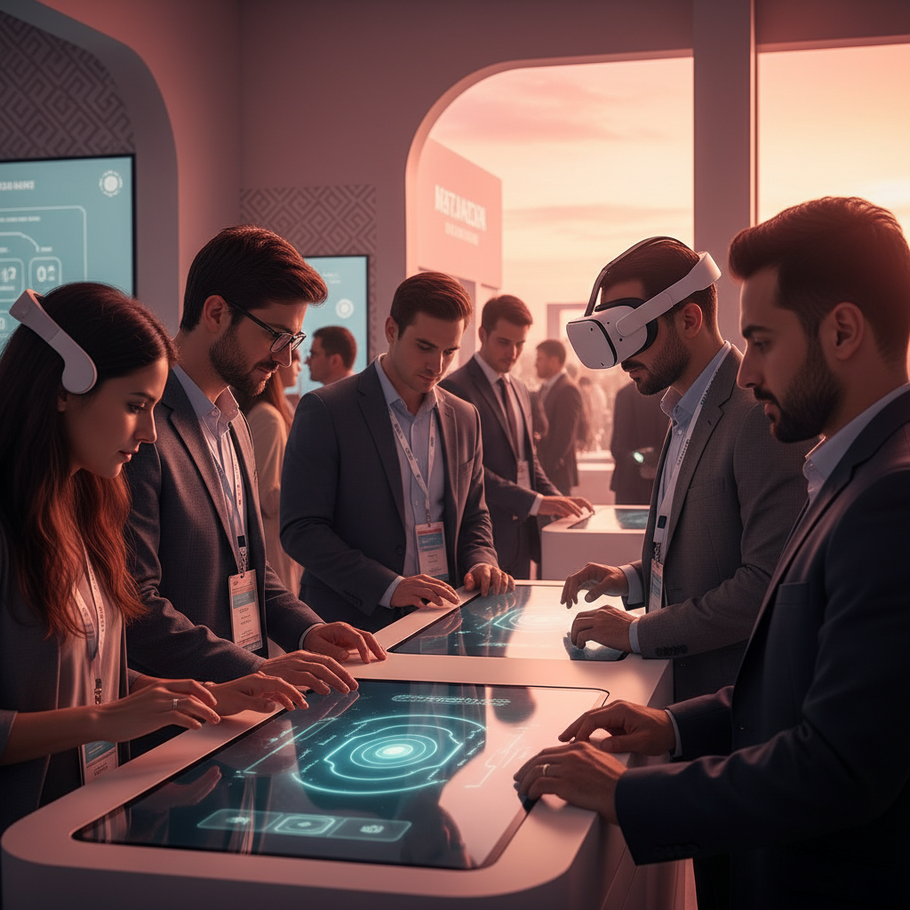 Uluslararası bir fuar standının dinamik, etkileşimli bölümü, yumuşak gün batımı kızıllığıyla yıkanmış. Farklı kültürlerden ziyaretçi grupları (kıyafetler veya genel özelliklerle belli edilen), fütüristik, parıldayan dokunmatik ekranlar ve zarif, kablosuz VR/AR gözlükleriyle etkileşim halinde. Stand tasarımı, kültürel hassasiyeti yansıtan (aşırı belirgin kültürel semboller yerine geometrik desenler gibi) ince mimari detaylara sahip. İnsan-teknoloji etkileşimi ve kültürlerarası iletişim ön planda. Orta çekim, dinamik kompozisyon, sıcak ortam ışığı, cilalı yüzeylerde yansımalar. Yüzlerdeki merak ve katılım vurgulanmış. Ekranda metin veya sayı yok, sadece soyut parlayan arayüzler. Yazı, sayı veya logo içermesin. Resmi ve ilgi çekici bir tarza sahip.