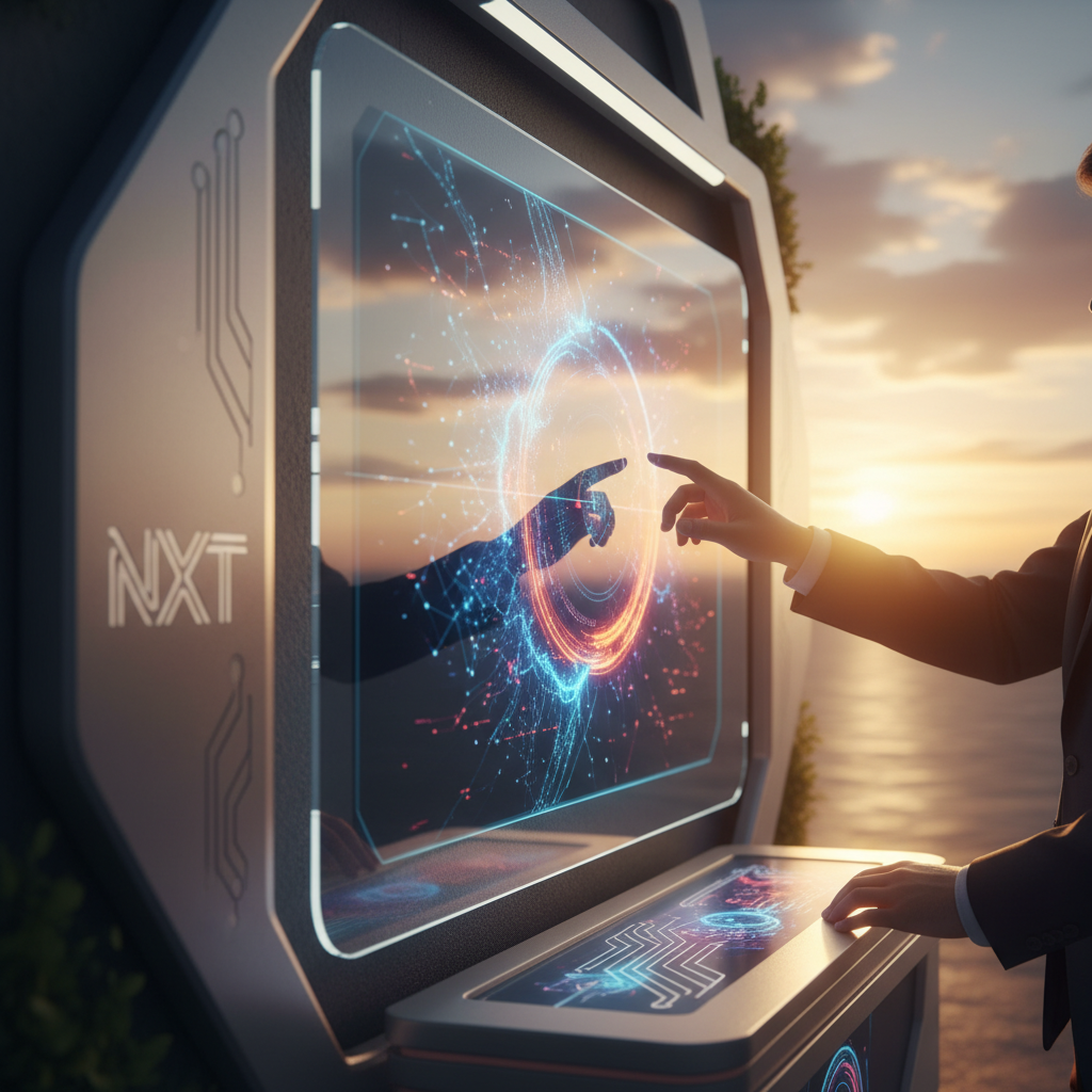 Yenilikçi bir kongre standının yakın çekim, sinematik bir görüntüsü, nefes kesici gün batımı sırasında ileri teknolojiyi ve güçlü marka kimliğini ön plana çıkarıyor. Odak noktası, dinamik, soyut görsel içerik gösteren büyük, yarı şeffaf bir interaktif ekran. Ekranın yüzeyinde gün batımının canlı renkleri zarifçe yansıyor. Çevresinde, sofistike, sürdürülebilir malzemelerden yapılmış mimari unsurlar bulunuyor. Profesyonel eller (tanımlanamaz, sadece eller) ekranla etkileşim kurarken görülüyor. Ortam, batan güneşin dramatik, sıcak ışığıyla yıkanmış, güçlü ve geleceğe dönük bir atmosfer yaratıyor. Tasarım, markanın profesyonelliğini ve teknolojik liderliğini aktararak, marka öğelerini doku ve form aracılığıyla incelikle entegre ediyor.