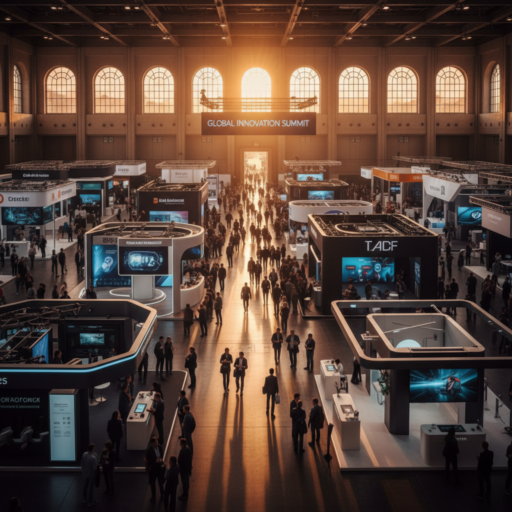 An expansive, cinematic shot from a slightly elevated perspective, overlooking a vibrant international exhibition hall during sunset. The vast hall is filled with numerous sleek, diverse exhibition stands, each with its unique, modern design. The golden rays of the setting sun stream through large, high windows, illuminating the space with a warm, inviting glow and creating a dynamic play of light and shadow across the floor and stands. The scene captures the bustling energy of the event, with abstract shapes of attendees moving between stands, emphasizing the scale and importance of global networking.