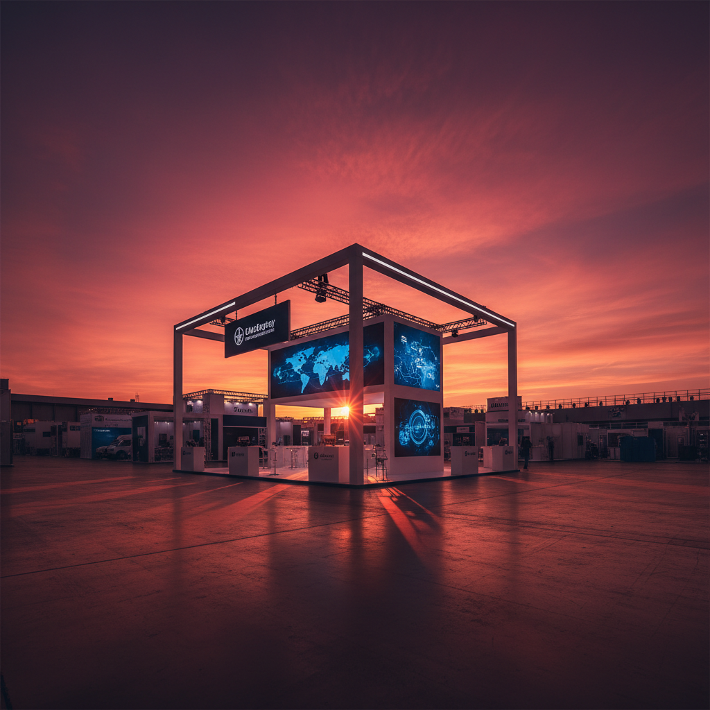 Gün batımının görkemli kızıl ve turuncu renkleriyle gölgelenmiş, geniş bir uluslararası fuar salonunda, başarıyla kurulmuş, dikkat çekici bir fuar standı. Standın temiz hatları ve etkileyici görsel sunumları, lojistik mükemmeliyeti ve stratejik planlamayı yansıtıyor. Uzaktan gelen ışıklar ve standın içinden sızan parıltılar, geceye doğru ilerleyen bir başarı hikayesini anlatıyor. Sinematik, geniş açılı bir çekimle, standın büyüklüğü ve önemi vurgulanıyor.