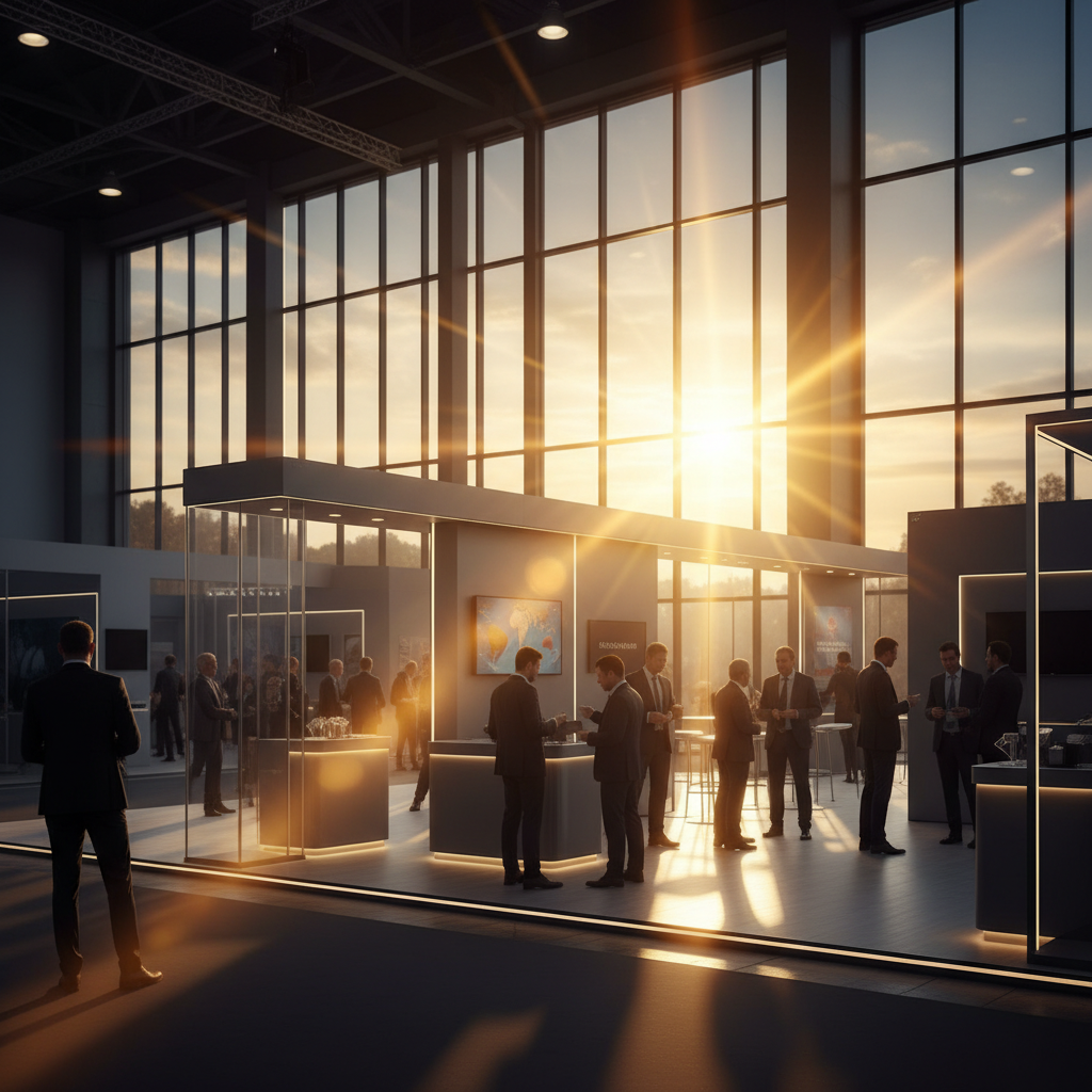 Büyük bir uluslararası kongre merkezinde yer alan modern, minimalist ve şık bir fuar standı, gün batımının altın sarısı ışıkları büyük pencerelerden içeri süzülerek mekanı aydınlatıyor. Fırçalanmış metal ve cam gibi premium malzemelerle tasarlanmış stand, temiz hatlara ve entegre yumuşak aydınlatmaya sahip. Çeşitli ziyaretçilerin siluetleri, global bir etkileşim atmosferi yaratıyor. Geniş çekim, sinematik açı, gün batımından gelen lens parlamaları, arka planda diğer standlar bulanıklaşarak ölçeği vurguluyor. Renk paleti sıcak altın, kehribar ve derin mavilerden oluşuyor. Yazı, sayı veya logo içermesin. Resmi ve ilgi çekici bir tarza sahip.
