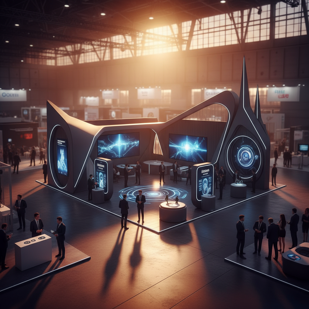 Büyük bir uluslararası fuar alanının genel görünümü, gün batımının dramatik, sinematik ışığıyla dolmuş. Odak noktası, etraftaki diğer standlardan belirgin bir şekilde ayrılan, futuristik ve yaratıcı bir interaktif fuar standı. Standın mimarisi, organik formlar ve keskin geometrilerin birleşimiyle göz alıcı. İçerisinde hareket sensörleri ile aktive olan ışık oyunları ve gölgeler, ziyaretçilerin standa yaklaşmasıyla dinamik bir enerji yaratıyor. Standın farklı köşelerinde, insanların küçük gruplar halinde etkileşimde bulunduğu, gizemli ve ilgi çekici noktalar var. Genel kompozisyon, yenilikçiliği, akılda kalıcılığı ve etkileşimi çağrıştıran, resmi ama aynı zamanda büyüleyici bir atmosfer sunuyor.