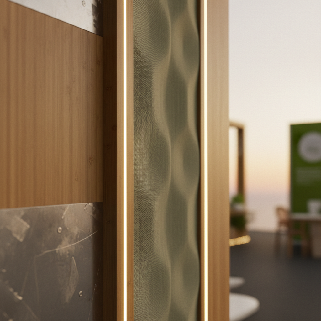 Sürdürülebilir bir fuar standının bir bölümünün yüksek detaylı, sinematik yakın çekimi. Odak noktası, geri dönüştürülmüş PET kumaştan yapılmış, zarif dokulu bir panel gibi yenilikçi, dokunsal malzemeler. Enerji verimli, sıcak LED şeritler bu özellikleri vurguluyor. Yakınlarda pürüzsüz yüzeyli bir bambu paneli ve geri dönüştürülmüş metal bir bölüm görünüyor. Gün batımının hafif bir süzülüşünü andıran yumuşak, ortam ışığı, dokuları ve modern tasarımı nazikçe aydınlatıyor. Görüntü, ileri teknoloji ve çevre dostu işçiliği yansıtıyor.