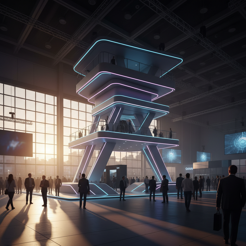 Geniş bir kongre salonunun ortasında yükselen, modern ve katmanlı mimariye sahip bir kongre standı. Gün batımının altın rengi, sinematik ışıkları standın yüzeylerine vururken, entegre yumuşak ve dinamik aydınlatmalar standın yenilikçi tasarımını vurguluyor. Standın etrafında hareket eden, siluet halinde görünen kalabalık ziyaretçiler, yoğun bir etkileşimi ve etkinliği betimliyor. Tasarımda belirgin bir yazı, logo veya sayı bulunmuyor, bunun yerine soyut ve etkileyici formlar öne çıkıyor. Arka planda, büyük bir kongre merkezinin ambiyansı, loş ışıklar ve geniş alan hissiyle yansıtılıyor. Genel atmosfer, profesyonel, sofistike ve ilham verici.