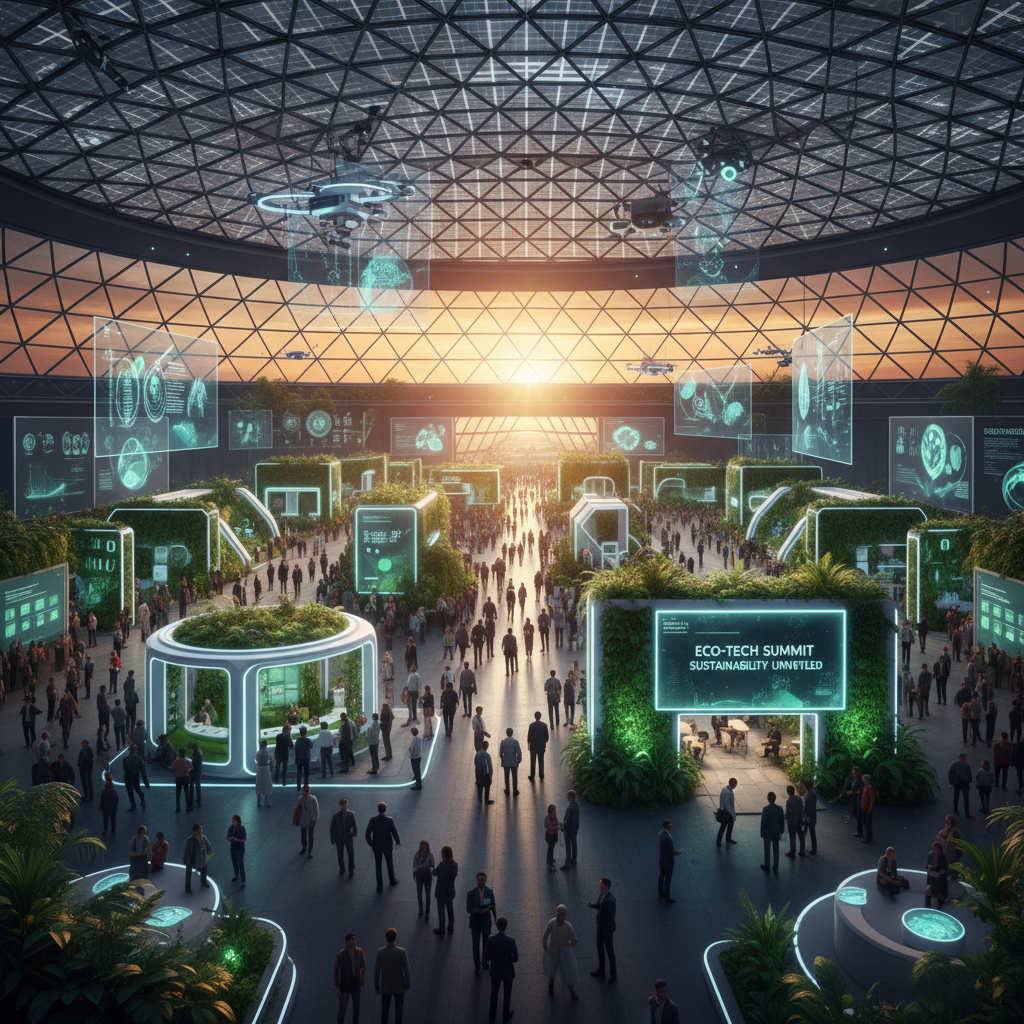 Fütüristik ve canlı bir fuar salonunun gün batımındaki panoramik, sinematik bir görünümü. Modüler, ışık yayan eko-panellerden ve yaşayan bitki duvarlarından oluşan mimari açıdan çarpıcı birden fazla sürdürülebilir stand sergileniyor. Batan güneş, geniş alana dramatik, altın-turuncu bir ışık saçıyor, yenilikçi tasarımları ve farklı, ilgili bir kalabalığın hareketini vurguluyor. Standlardaki enerji verimli aydınlatma elemanları, daha yeşil bir geleceğe olan bağlılığı simgeleyen nazik, umut veren bir parıltı yayıyor. Atmosfer, dinamik ilerleme, çevresel sorumluluk ve kolektif yenilik hissi veriyor.